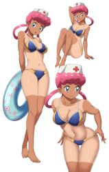 1girls bikini blue_eyes breasts dark-skinned_female eye_contact female looking_at_viewer nintendo nurse nurse_cap nurse_joy pink_hair pokemon pokemon_(anime) solo suitenan tan tan_skin tanline tanlines tanned tanned_skin thick_thighs thighs white_background