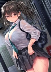 big_ass big_breasts bra brown_eyes brown_hair cleavage complex_background huge_breasts kase_daiki necktie necktie_between_breasts polka_dot_bra purse rain see-through see-through_clothing skirt skirt_lift smile thick_thighs twintails wet wet_clothes wet_shirt