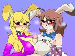 1boy 2girls alternate_version_available big_breasts bowtie breasts brown_hair duo female five_nights_at_freddy's five_nights_at_freddy's:_help_wanted five_nights_at_freddy's:_security_breach five_nights_in_anime glitchtrap lustful_gaze male male_pov offscreen_character paizuri penis point_of_view pov pov_eye_contact precum purple_eyes rabbit_ears red_eyes rule_63 smile straight unseen_character vanny_(fnaf) yellow_hair yellow_skin