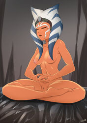 1girls ahsoka_tano alien alien_girl areolae breasts clitoris closed_eyes face_markings hairless_pussy jedi meditation medium_breasts nude nude_female orange_skin pink_areola pink_nipples pussy solo solo_focus star_wars star_wars_rebels text togruta white_markings z666ful