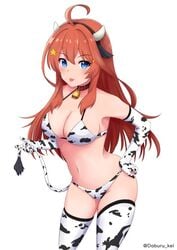 artist_request blue_eyes blush cow_bikini cow_bra cow_ears cow_girl cow_gloves cow_horns cow_panties cow_print cow_stockings cow_tail go-toubun_no_hanayome long_hair looking_at_viewer nakano_itsuki red_hair tongue tongue_out