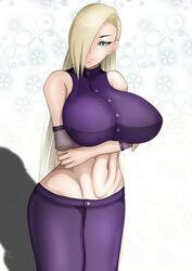 1girls 2d absurd_res alternate_breast_size bare_shoulders blonde_hair blush breasts crossed_arms curvaceous curves curvy_body curvy_female curvy_figure erect_nipples erect_nipples_under_clothes female female_only female_solo hi_res high_ponytail huge_breasts ino_yamanaka large_breasts light-skinned_female light_skin long_hair looking_at_viewer midriff mojihe naruto naruto:_the_last naruto_shippuden nipples pale-skinned_female pale_skin ponytail shiny shiny_skin simple_background solo thick_thighs thighs tied_hair voluptuous white_background