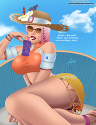 1girls 2d aramyx ashe_(overwatch) big_ass big_breasts bikini_bottom blizzard_entertainment brown-tinted_eyewear dialogue female female_only massive_ass overwatch pink_hair poolside_ashe seductive seductive_smile skin solo sunglasses tinted_eyewear wide_hips