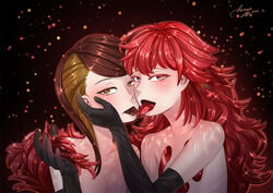 androgynous brown_tongue dark_background femboy gem gloves hertro holding_head land_of_the_lustrous licking long_hair looking_at_viewer multicolored_hair padparadscha_(land_of_the_lustrous) pseudo_hair red_tongue rutile_(land_of_the_lustrous) short_hair tongue_kiss touching_hair