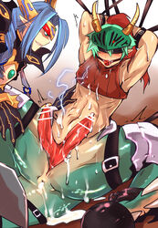 2boys animal_penis anus armpits arms_up ball_and_chain_restraint ball_gag bangs bar_censor black_blindfold black_gloves blindfold blue_hair blush bottomless braid braided_ponytail censored commentary_request crop_top cum cum_in_ass diphallia diphallism dragon_boy emon-yu foot_out_of_frame gag gloves green_eyes green_hair grin hair_between_eyes horns leg_armor long_hair looking_at_another male_focus multi_penis multiple_boys navel penis plume pointy_ears ragnarok_online restrained rune_knight_(ragnarok_online) short_hair single_braid smile visor_(armor) warlock_(ragnarok_online) yaoi