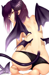 bangs black_panties chita_(ketchup) demon demon_girl demon_horns demon_tail female from_behind full_body highres horns long_hair looking_back mini_wings multi_wing original panties parted_lips purple_hair purple_horns purple_tail purple_wings seiza signature sitting solo symbol-only_commentary tail underwear underwear_only wings