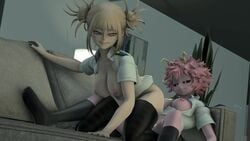 1futa 1girls 3d animated ass black_sclera blonde_hair breasts futa_on_female futanari himiko_toga horns intersex light_skin mina_ashido my_hero_academia pink_hair pink_skin reverse_cowgirl_position sariken school_uniform sound thighhighs u.a._school_uniform unbuttoned_shirt video