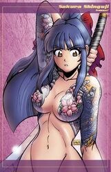 1girls arm_behind_head arm_up armpits big_breasts blue_hair bow breasts female female_only hair_ribbon irezumi large_breasts mastafuu navel nipples pose sakura_shinguji sakura_wars sega sword tattoo