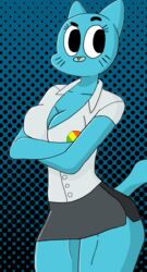 anthro anthrofied arms_crossed big_breasts blue_fur blue_hair breasts button cat_ears cat_tail crossed_arms drawingthings12 dress_shirt female looking_away nicole_watterson skirt smile smirk tail the_amazing_world_of_gumball thick_thighs waist