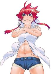 1girls 2010s abs arms_crossed banko_benimaru blue_eyes blush breasts curvaceous denim_shorts drill_jiru edit female fit_female getter_robo getter_robo_high human light-skinned_female light_skin looking_down_at_viewer midriff navel official_art red_hair short_hair sleeveless_hoodie smile thick_eyebrows thick_eyelashes thighs tomboy toned_female white_background