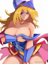 1girls bare_shoulders bare_thighs blonde_hair blue_eyes breasts cleavage clothed curvy dark_magician_girl female female_only holding_breast huge_breasts large_breasts long_hair sleesart sleeswaifus smile solo thick_thighs voluptuous white_background yu-gi-oh!