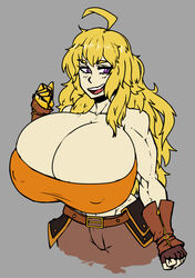 1girls big_breasts bikini blonde_hair breasts_bigger_than_head fingerless_gloves fully_clothed gloves happy huge_breasts long_hair looking_at_viewer open_mouth purple_eyes rust_and_bolts rwby simple_background smile solo_female solo_focus yang_xiao_long