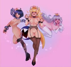 3girls ass boosette bowsette breasts butt chain_chomp chompette dragon female fire ghost girl lingerie mario_(series) multiple_girls naked new_super_mario_bros._u_deluxe nintendo nipple_piercing nipples princess ripped_clothing rule_63 super_crown super_mario_bros. thighhighs trio vagina