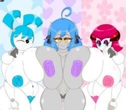 3girls ahoge antennae areolae big_breasts black_eyes blinking blue_eyes blue_hair blue_nipples breast_press breast_squeeze breasts breasts_out canon_x_oc female/female female_focus female_only grin heart-shaped_pupils jenny_wakeman large_breasts lewdxt long_hair looking_at_viewer makeup metallic_body multiple_girls my_life_as_a_teenage_robot naked_female nipples orange_eyes original_character pick_one pink_hair pink_nipples pov_eye_contact purple_nipples robot robot_girl robot_humanoid sakura_best_friend_robot screw_nipples short_hair smile smug smug_face take_your_pick teasing thick_thighs twintails xj-9 xt459 yuri