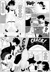 1boy 1girls audience bike_shorts black_and_white crowd cuntbusting doujinshi dragon_ball dragon_ball_z female femsub fingerless_gloves male maledom monkeeman0918 monochrome muscular_male pussy_kick ryona scared_expression short_hair spopovich sweating tomboy videl