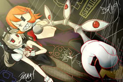 2girls ass bloody_marie bunny_ears bunnysuit female peacock_(skullgirls) skullgirls wink