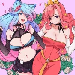 2girls big_breasts black_skirt blue_eyes blue_hair breasts chain choker cleavage crown deep_cleavage elbow_gloves eyebrows_visible_through_hair fingerless_gloves fishnet_armwear flower_in_hair flowers happy huge_breasts indie_virtual_youtuber long_hair multicolored_hair multiple_girls pastel_goth pink_hair red_dress red_hair short_skirt silvervale simple_background tagme tagme_(character) tummy virtual_youtuber vshojo wolf_ears wolf_girl