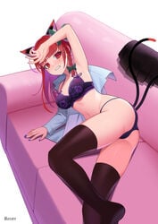 animal_ears ass bra braid cameltoe cat_ears cat_tail hairbow lingerie lying multiple_tails navel on_side panties purple_panties recare red_eyes red_hair rin_kaenbyou skirt skirt_removed tagme tail tears thighhighs thighs touhou