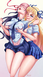 2girls atomic_wedgie ayame_(senran_kagura) blonde_hair breasts busty groping groping_breasts groping_from_behind katsuragi_(senran_kagura) one_eye_closed panties_over_head pink_panties school_uniform see-through see-through_clothing see-through_top see_through_shirt senran_kagura skirt tie wedgie yuri