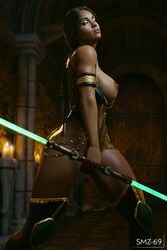 1girls 3d areolae breasts dark-skinned_female dark_skin erect_nipples female female_only huge_breasts jade_(mortal_kombat) lightsaber mortal_kombat mortal_kombat_11 nipples smz-69 solo topless