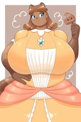 bbw big_breasts braffy brown_fur brown_hair dress fat female female_only furry furry_ears hand_on_hip huge_breasts leaf mario_(series) nintendo orange_dress overweight power_up princess princess_daisy princess_dress slightly_chubby super_mario_3d_land super_mario_bros. tanuki transformation voluptuous white_dress