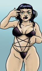 1girls big_breasts black_hair blue_background chubby_female dyed_hair freckles goth green_eyes i_am_not_starfire lipstick mandy_koriand'r nail_polish pentagram piercing plump shoulder_length_hair swimsuit thick thick_thighs tongue_out twintails two_piece_swimsuit wide_hips