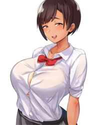 1girls bursting_breasts c-kyuu female huge_breasts school_uniform schoolgirl seductive seductive_eyes seductive_look seductive_smile see-through taut_clothes very_short_hair