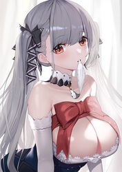 azur_lane bare_shoulders beige_hair big_breasts blunt_bangs blush cleavage corset cute deep_cleavage earrings formidable_(azur_lane) hairtie hourglass_figure huge_breasts light-skinned_female maid_uniform red_eyes revealing_clothes ring seductive seductive_smile smile twintails