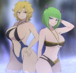 2girls bikini blonde_hair brandish_mew breasts center_opening dimaria_yesta fairy_tail female female_only green_hair large_breasts navel o-ring_bikini one-piece_swimsuit revealing_clothes short_blonde_hair short_green_hair short_hair sideboob swimsuit tagme underboob