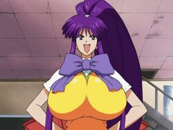 00s animated animated_gif bakunyuu big_breasts big_hair bouncing_breasts bow breasts breasts_bigger_than_head bursting_breasts eiken female highres huge_breasts impossible_clothes impossible_shirt kirika_misono long_hair misono_kirika ponytail purple_bow purple_hair school_uniform screencap screenshot serafuku shirt solo talking tight_clothing vest voluptuous yellow_vest