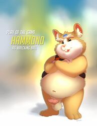 1boy 2018 anthro balls belly blizzard_entertainment bravo brown_body brown_fur chubby chubby_male cricetid english_text erection fur furry genitals hammond_(overwatch) hamster hi_res looking_at_viewer male male_only mammal navel overwatch overweight overweight_male penis rodent solo text video_games