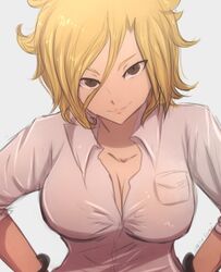 big_breasts blonde_hair breasts brown_eyes dimaria_yesta fairy_tail hair_between_eyes looking_at_viewer smiling smiling_at_viewer tagme white_shirt