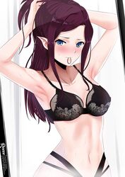 armpits arms_up artist_name bare_arms bare_shoulders black_bra black_panties black_underwear blue_eyes blush bra breasts clavicle cleavage closed_mouth cowboy_shot female floral_print hair_tie hair_tie_in_mouth hairdressing light_background long_hair macross macross_delta medium_breasts mirage_farina_jenius mouth_hold navel nose_blush panties pantsu pointed_ears print_bra purple_hair reeze_(reezely) sidelocks simple_background solo stomach sweat tagme tying_hair underwear underwear_only white_background