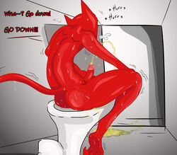 anthro ass bathroom bodily_fluids cartoon_network courage_the_cowardly_dog desperation dialogue domestic_cat erection felid feline felis genital_fluids illegaleel katz_(courage_the_cowardly_dog) male mammal omorashi peeing rear_view sitting solo sweat text toilet toilet_use unseen_male_face unwanted_erection urine urine_on_floor urine_pool urine_stream wetting