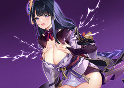 1girls big_breasts blush breast_grab breast_hold busty cleavage crying electricity embarrassed female female_only genshin_impact grabbing_own_breast hi_res japanese_clothes kikimi kimono looking_at_viewer mole mole_under_eye open_mouth purple_eyes purple_hair raiden_shogun saliva sweatdrop tears