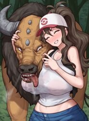 1girls 1pokemon 2021 alternate_breast_size black_vest blue_eyes blush breasts brown_hair closed_eyes clothed clothed_female drooling female female_focus hat heavy_breathing hi_res hilda_(pokemon) huge_breasts imminent_bestiality interspecies long_ponytail nintendo nipples_visible_through_clothing outdoors pokeharlot pokemon pokemon_(species) pokemon_bw pokephilia ponytail poper shorts simple_background smile tank_top tauros tongue tongue_out white_hat white_pupils white_shirt