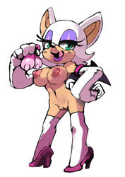 anthro big_breasts bittenhard breasts chiropteran clothing condom condom_decoration female filled_condom footwear genitals gloves green_eyes hand_on_hip handwear high_heels legwear mammal navel nude pussy rouge_the_bat sega sexual_barrier_device simple_background socks solo sonic_(series) sonic_the_hedgehog_(series) tan_body tan_skin thigh_highs thigh_socks used_condom white_background