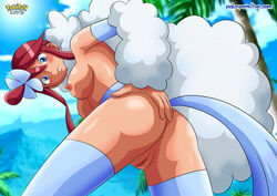 1girls altaria altaria_(cosplay) anus ass blue_eyes blush breasts cosplay functionally_nude game_freak grabbing_own_ass gym_leader nintendo nipples outdoors outside pokemon pokemon_(cosplay) pokemon_bw pokepornlive pussy red_hair skyla_(pokemon) solo solo_female source_request year_request