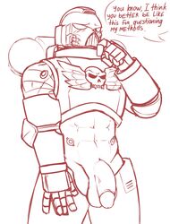 1boy abs adeptus_astartes armor bara big_penis black_carapace blood_angels blush cock_bulge flaccid_penis helmet imperium_of_man large_penis male_focus male_only masked masked_male muscular muscular_male ourlastmarch pantsless power_armor solo_male space_marine warhammer_(franchise) warhammer_40k