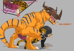 2020 absurd_res anal anal_sex anthro anthro_on_feral anthro_penetrated anthro_penetrating anus armor balls bandai_namco big_dom_small_sub breeding_mount ceratosaur ceratosaurid ceratosaurus colored dialogue digimon digimon_(species) dinosaur dominant duo felid feral feral_penetrating feral_penetrating_anthro genitals greymon headgear helmet hi_res internal interspecies jaguar knot lddraws male male/male male_on_feral male_penetrated male_penetrating male_penetrating_anthro male_penetrating_male mammal pantherine penetration penis reptile scalie seraph_(serifim) sex signature size_difference size_play slit smaller_penetrated zoophilia