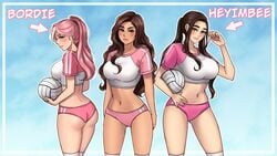 3girls aches ass bangs big_ass big_breasts bordie brown_hair female female_focus female_only heyimbee large_breasts long_hair low_res low_resolution lumiixq multiple_girls official_art panties pink_hair pink_panties ponytail sports_uniform sportswear tan tan_skin thick_thighs thumbnail tied_hair volleyball volleyball_(ball) wavy_hair youtube youtuber