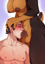 1boy 1futa anthro anthro_penetrating anthro_penetrating_human balls big_breasts black_nipples black_penis blush bodily_fluids breasts brown_body brown_fur canid canine canis claws domestic_dog duo erection fellatio fur furry futanari genitals hand_on_head human human_on_anthro human_penetrated humanoid_genitalia humanoid_penis interspecies male male_on_anthro male_penetrated mammal mastiff michikochan molosser nipples nude oral paige_(slackercity) penetration penile penis rottweiler sex short_tail sweat