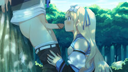 1boy blonde_hair blush breasts closed_mouth evenicle evenicle_(series) female from_side game_cg green_eyes hair_between_eyes hair_ornament long_hair looking_at_penis looking_down nipples penis riche_eden small_breasts straight uncensored very_long_hair yaegashi_nan