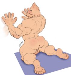 5_fingers 5_toes anus arkanoego ass backsack balls blush feet fingers genitals humanoid humanoid_feet kneeling koji_koda koji_kouda kouda_kouji looking_back male male_only muscular muscular_humanoid muscular_male my_hero_academia not_furry nude perineum rear_view simple_background soles solo toes