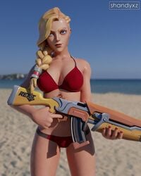 1girls 3d beach bikini blonde_hair blue_eyes breasts female female_focus female_only gun looking_at_viewer medium_breasts paladins seaside shandyxz solo solo_female solo_focus swimsuit tyra_(paladins)