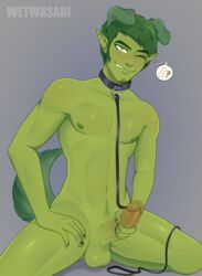 1boy ? animal_humanoid areola artist_name balls beast_boy blush boner canid canid_humanoid canine canine_humanoid collar dc dc_comics dog_humanoid erection gay genitals glans green_balls green_body green_eyes green_hair green_nipples green_skin green_tail grey_background hair hi_res holding_penis humanoid humanoid_genitalia humanoid_penis humanoid_pointy_ears kneeling leash male male_only mammal mammal_humanoid nipples nude one_eye_closed penis pictographics simple_background smile smirk solo speech_bubble teen_titans uncensored wetwasabi wink yaoi