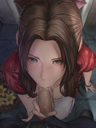 1boy aerith_gainsborough bangs basket blush bow bracelet brown_hair censored dress fellatio female final_fantasy final_fantasy_vii final_fantasy_vii_remake flower_basket green_eyes hairbow highres jacket jewelry kneeling looking_at_viewer looking_up mosaic_censoring open_fly oral parted_bangs pink_dress pink_nails pov red_jacket shisshou_senkoku straight urinal