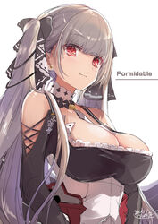 azur_lane bare_shoulders beige_hair big_breasts blunt_bangs blush cleavage corset cute deep_cleavage earrings formidable_(azur_lane) hairtie hourglass_figure huge_breasts light-skinned_female maid_uniform red_eyes revealing_clothes ring seductive seductive_smile smile twintails