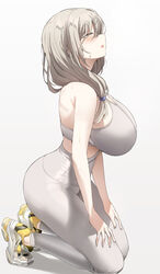 1girls 2021 ass blush breasts closed_eyes curvaceous female female_focus female_only grey_hair hips huge_breasts k_pring kneeling large_ass long_hair looking_up mature_female milf mother open_mouth side_ponytail simple_background slim_waist sneakers sports_bra uzaki-chan_wa_asobitai! uzaki_tsuki white_background white_sports_bra white_yoga_pants wide_hips workout_clothes yoga_pants