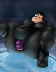 2021 absurd_res anthro balls_outline belly big_belly black_body black_fur black_nose bulge clothing disney fat felid feline fur genital_outline glistening_body goof_troop hi_res male male_only mammal maxbear moobs navel night obese obese_anthro obese_male outdoors overweight overweight_anthro overweight_male penis_outline peter_pete_sr. shiny_skin smooth_body solo speedo swimwear water